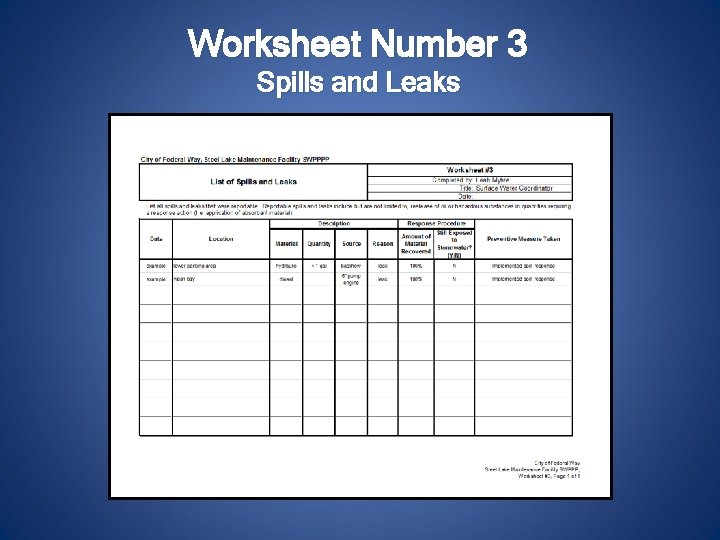 Worksheet Number 3 Spills and Leaks 