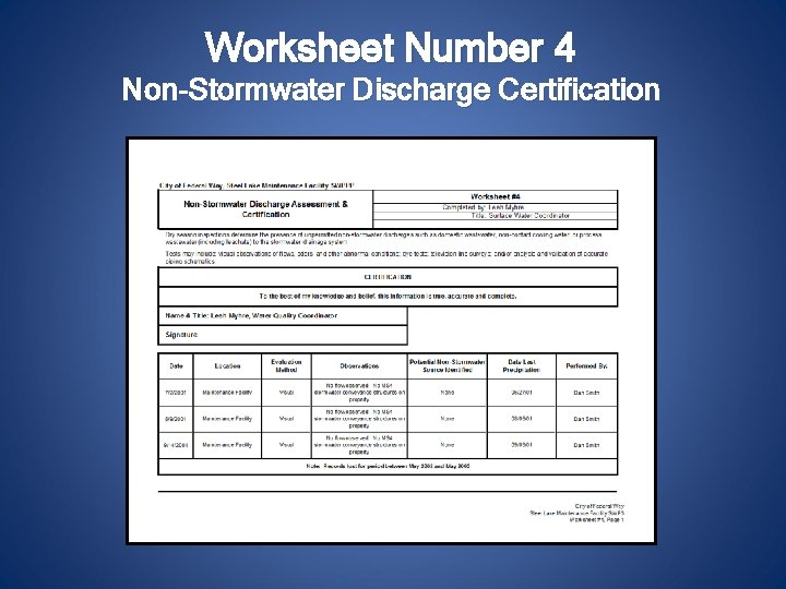 Worksheet Number 4 Non-Stormwater Discharge Certification 