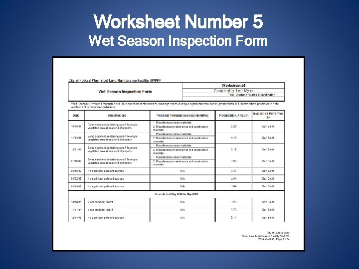 Worksheet Number 5 Wet Season Inspection Form 