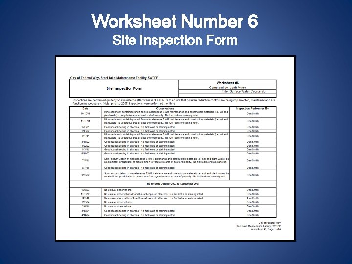 Worksheet Number 6 Site Inspection Form 