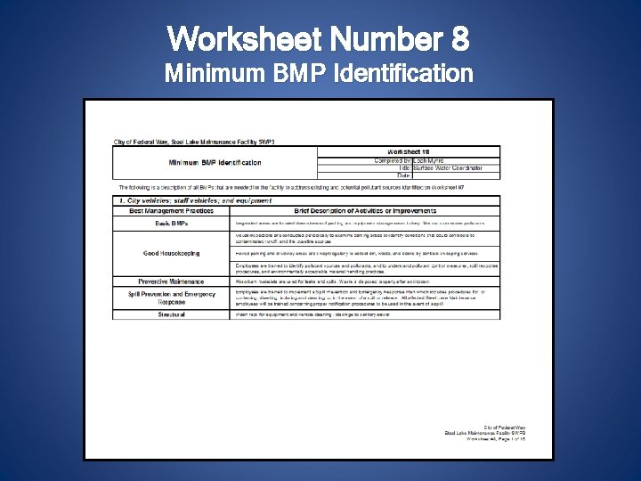 Worksheet Number 8 Minimum BMP Identification 
