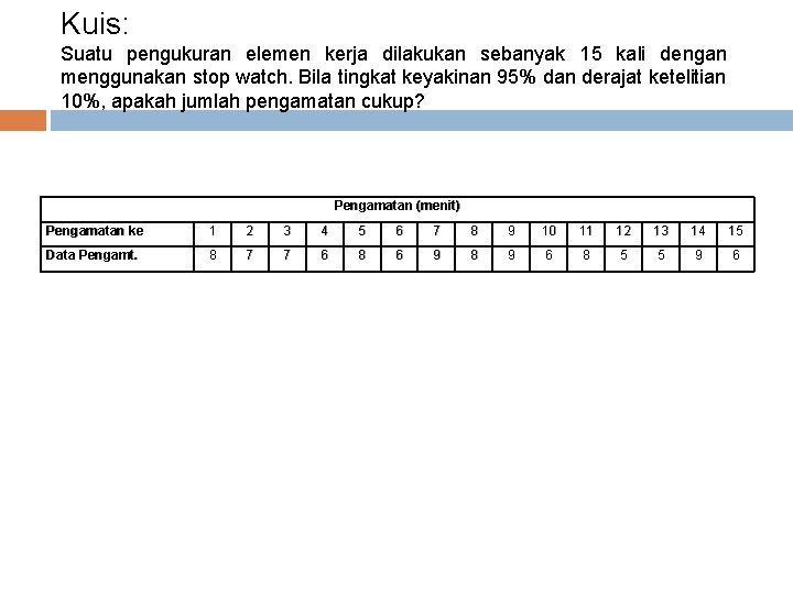 Kuis: Suatu pengukuran elemen kerja dilakukan sebanyak 15 kali dengan menggunakan stop watch. Bila Kuis: Suatu pengukuran elemen kerja dilakukan sebanyak 15 kali dengan menggunakan stop watch. Bila