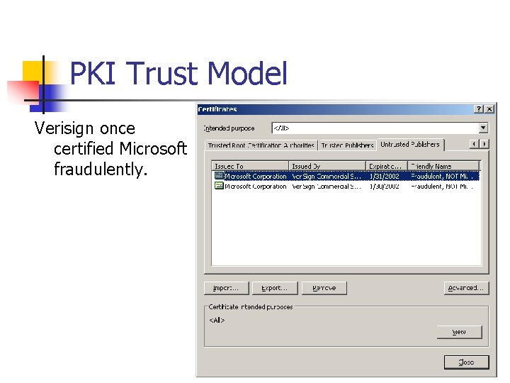 PKI Trust Model Verisign once certified Microsoft fraudulently. 