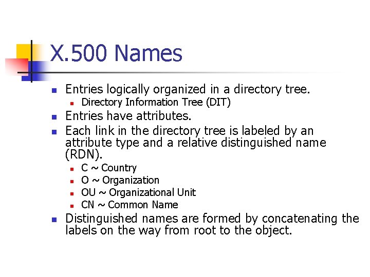 X. 500 Names n Entries logically organized in a directory tree. n n n