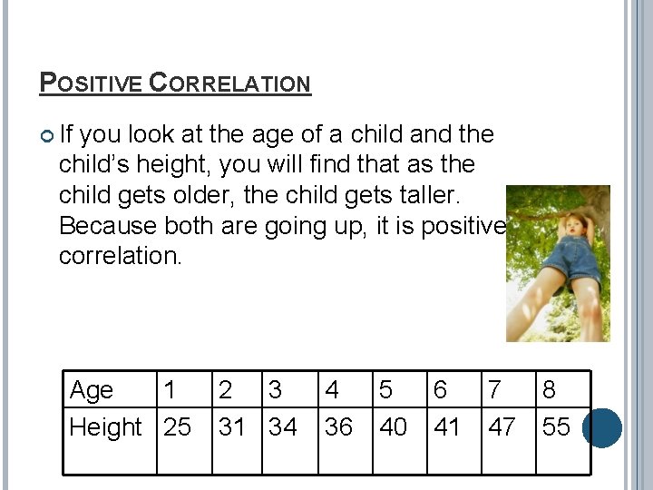 POSITIVE CORRELATION If you look at the age of a child and the child’s