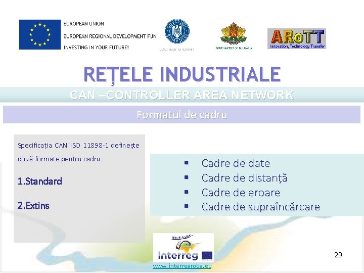 REȚELE INDUSTRIALE CAN –CONTROLLER AREA NETWORK Formatul de cadru Specificația CAN ISO 11898 1