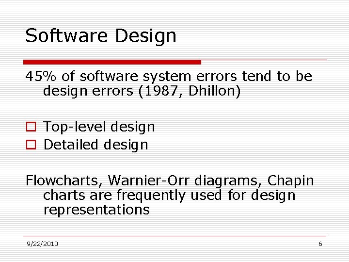 Software Design 45% of software system errors tend to be design errors (1987, Dhillon)