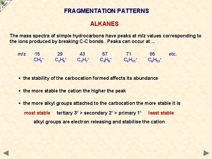 FRAGMENTATION PATTERNS ALKANES The mass spectra of simple hydrocarbons have peaks at m/z values