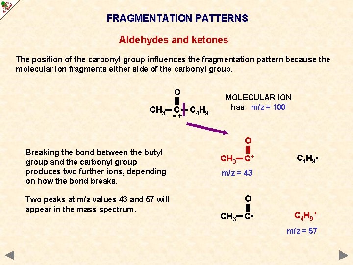 FRAGMENTATION PATTERNS Aldehydes and ketones The position of the carbonyl group influences the fragmentation