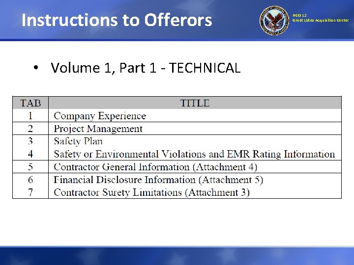 Instructions to Offerors • Volume 1, Part 1 - TECHNICAL NCO 12 Great Lakes Instructions to Offerors • Volume 1, Part 1 - TECHNICAL NCO 12 Great Lakes
