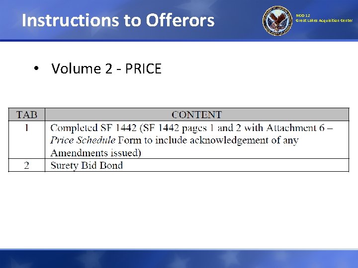 Instructions to Offerors • Volume 2 - PRICE NCO 12 Great Lakes Acquisition Center Instructions to Offerors • Volume 2 - PRICE NCO 12 Great Lakes Acquisition Center