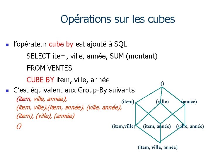 Opérations sur les cubes n l’opérateur cube by est ajouté à SQL SELECT item,