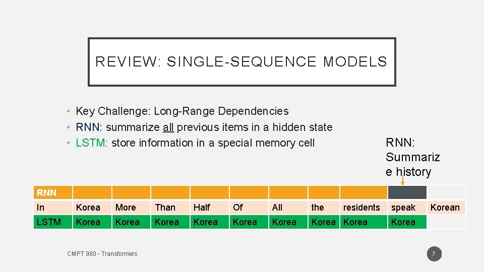 REVIEW: SINGLE-SEQUENCE MODELS • Key Challenge: Long-Range Dependencies • RNN: summarize all previous items