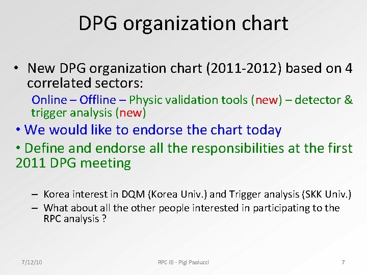 DPG organization chart • New DPG organization chart (2011 -2012) based on 4 correlated