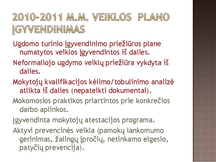 Ugdomo turinio įgyvendinimo priežiūros plane numatytos veiklos įgyvendintos iš dalies. Neformaliojo ugdymo veiklų priežiūra