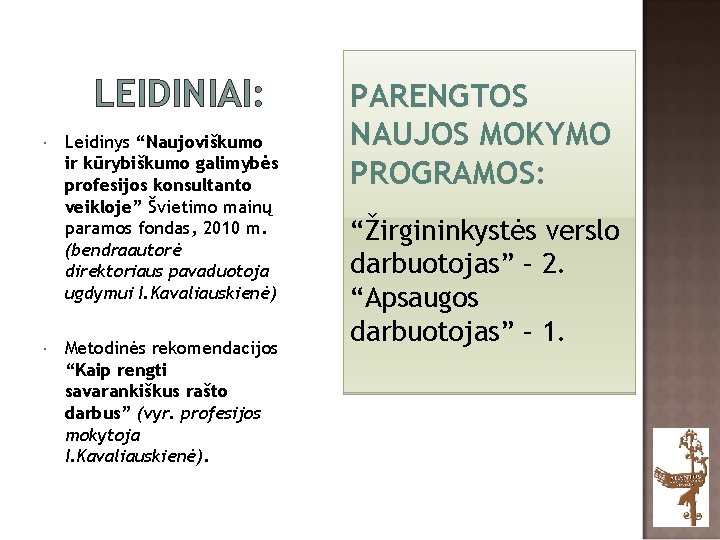 LEIDINIAI: Leidinys “Naujoviškumo ir kūrybiškumo galimybės profesijos konsultanto veikloje” Švietimo mainų paramos fondas, 2010