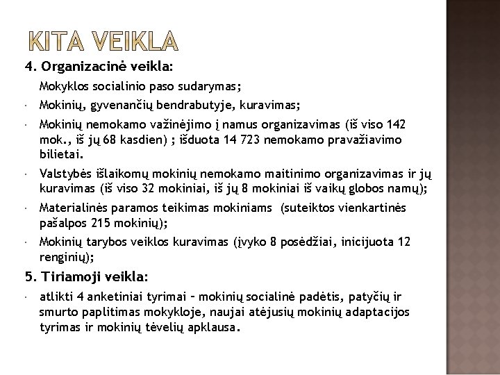 4. Organizacinė veikla: Mokyklos socialinio paso sudarymas; Mokinių, gyvenančių bendrabutyje, kuravimas; Mokinių nemokamo važinėjimo