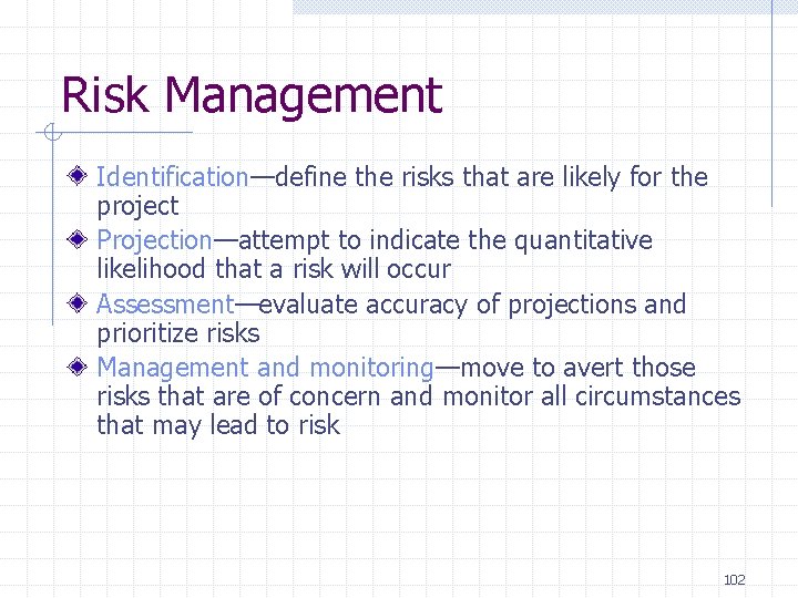 Risk Management Identification—define the risks that are likely for the project Projection—attempt to indicate Risk Management Identification—define the risks that are likely for the project Projection—attempt to indicate