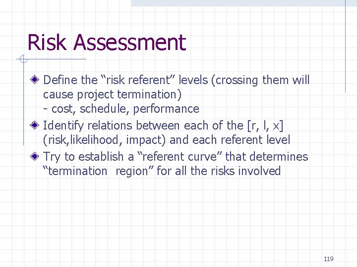 Risk Assessment Define the “risk referent” levels (crossing them will cause project termination) - Risk Assessment Define the “risk referent” levels (crossing them will cause project termination) -
