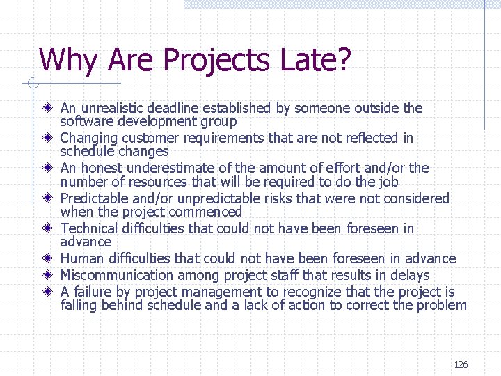 Why Are Projects Late? An unrealistic deadline established by someone outside the software development Why Are Projects Late? An unrealistic deadline established by someone outside the software development