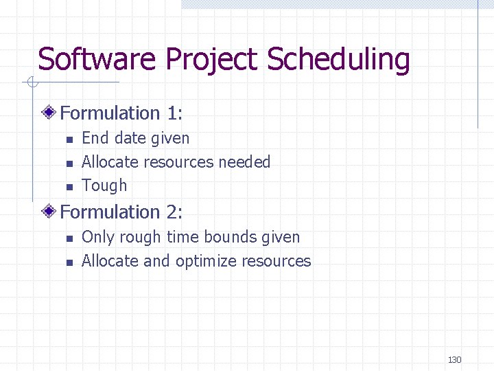 Software Project Scheduling Formulation 1: n n n End date given Allocate resources needed Software Project Scheduling Formulation 1: n n n End date given Allocate resources needed
