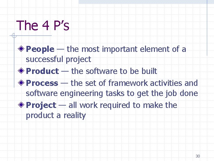 The 4 P’s People — the most important element of a successful project Product The 4 P’s People — the most important element of a successful project Product