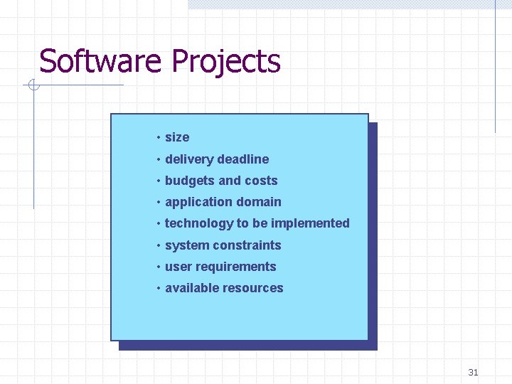 Software Projects • size • delivery deadline • budgets and costs • application domain Software Projects • size • delivery deadline • budgets and costs • application domain