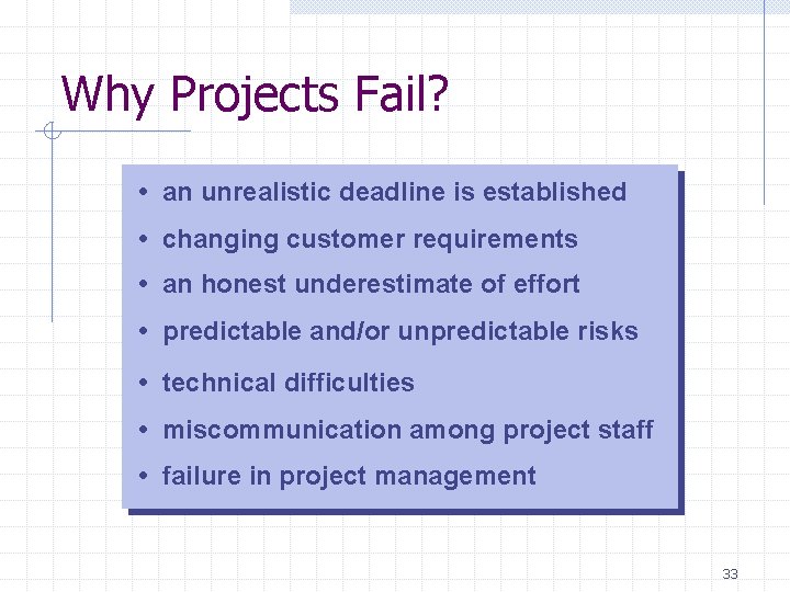 Why Projects Fail? • an unrealistic deadline is established • changing customer requirements • Why Projects Fail? • an unrealistic deadline is established • changing customer requirements •