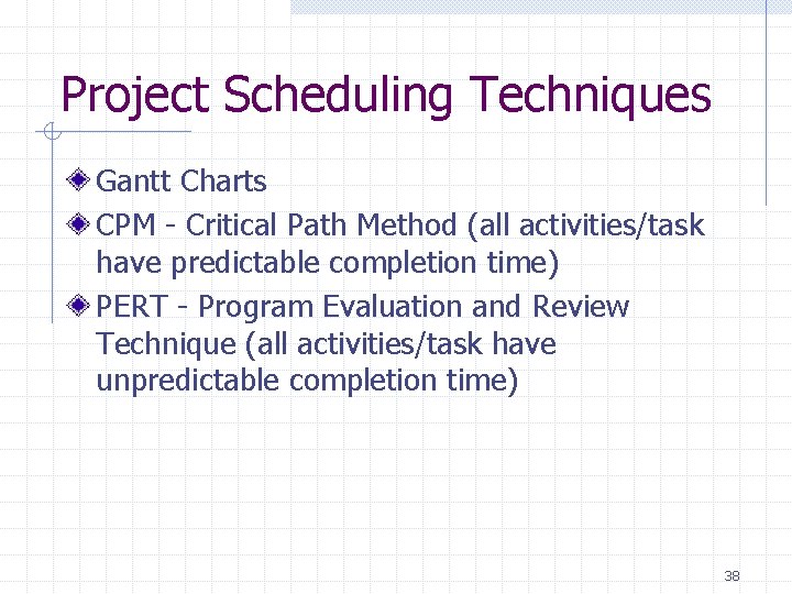 Project Scheduling Techniques Gantt Charts CPM - Critical Path Method (all activities/task have predictable Project Scheduling Techniques Gantt Charts CPM - Critical Path Method (all activities/task have predictable