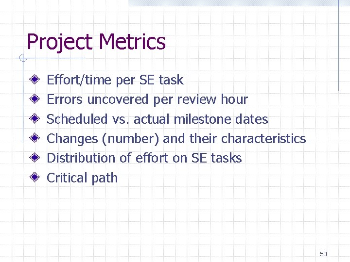 Project Metrics Effort/time per SE task Errors uncovered per review hour Scheduled vs. actual Project Metrics Effort/time per SE task Errors uncovered per review hour Scheduled vs. actual