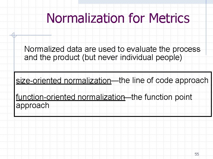 Normalization for Metrics Normalized data are used to evaluate the process and the product Normalization for Metrics Normalized data are used to evaluate the process and the product