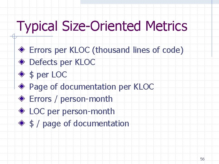 Typical Size-Oriented Metrics Errors per KLOC (thousand lines of code) Defects per KLOC $ Typical Size-Oriented Metrics Errors per KLOC (thousand lines of code) Defects per KLOC $