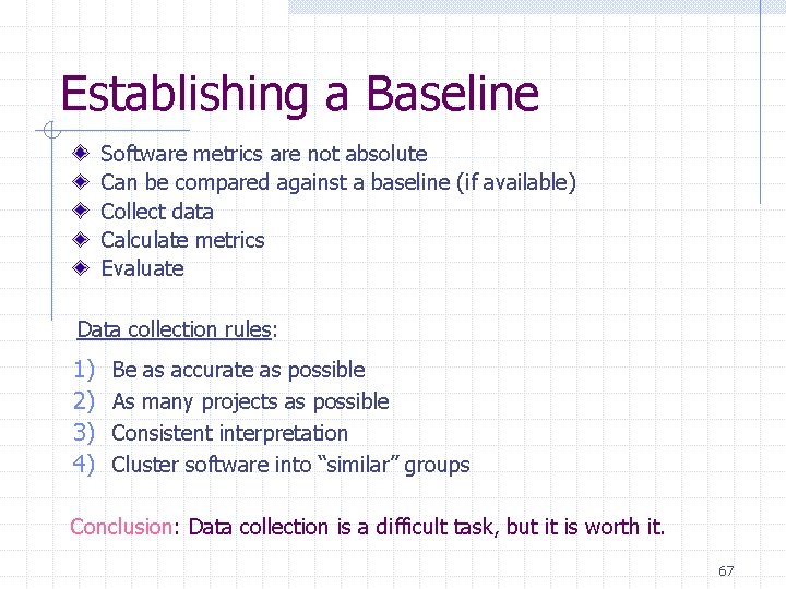 Establishing a Baseline Software metrics are not absolute Can be compared against a baseline Establishing a Baseline Software metrics are not absolute Can be compared against a baseline
