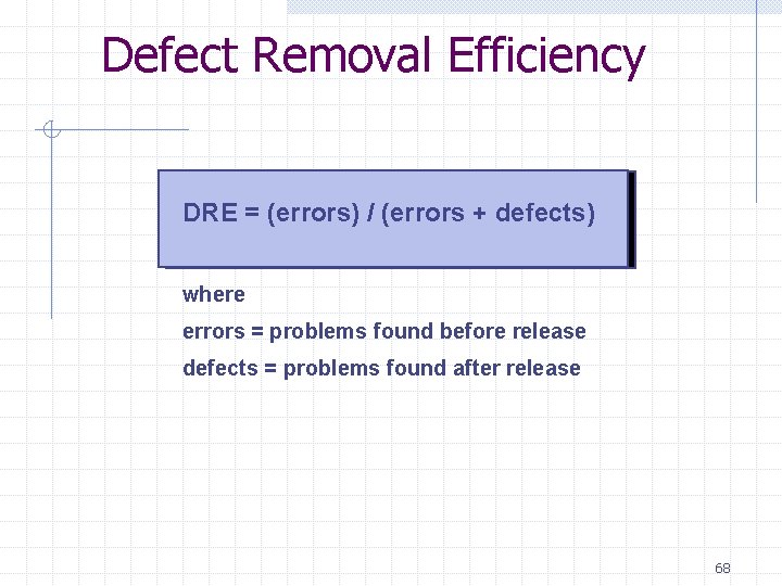 Defect Removal Efficiency DRE = (errors) / (errors + defects) where errors = problems Defect Removal Efficiency DRE = (errors) / (errors + defects) where errors = problems