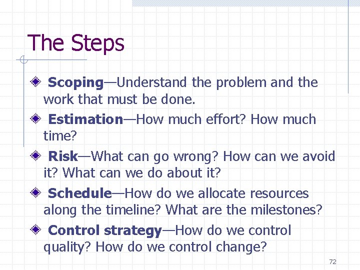 The Steps Scoping—Understand the problem and the work that must be done. Estimation—How much The Steps Scoping—Understand the problem and the work that must be done. Estimation—How much