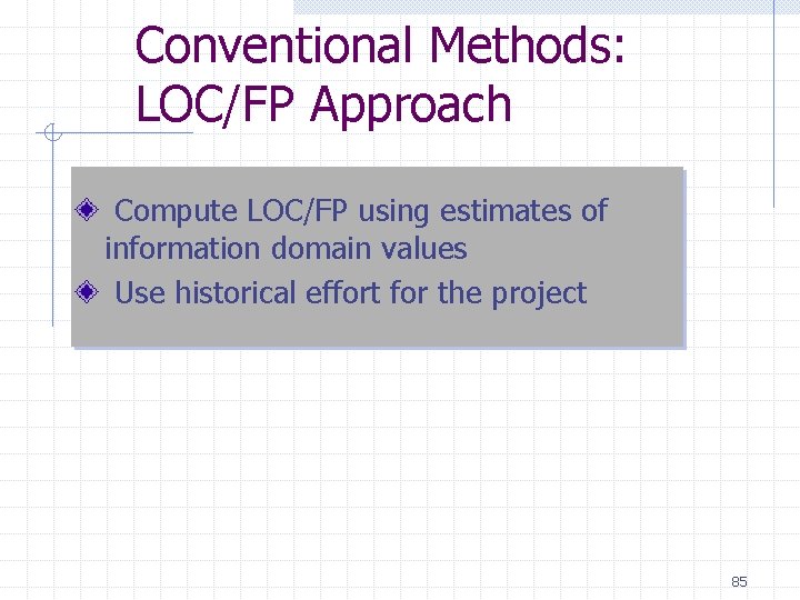 Conventional Methods: LOC/FP Approach Compute LOC/FP using estimates of information domain values Use historical Conventional Methods: LOC/FP Approach Compute LOC/FP using estimates of information domain values Use historical