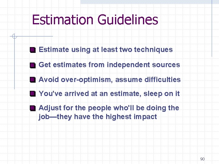 Estimation Guidelines Estimate using at least two techniques Get estimates from independent sources Avoid Estimation Guidelines Estimate using at least two techniques Get estimates from independent sources Avoid