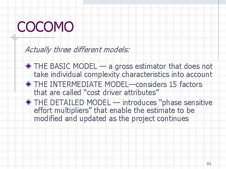 COCOMO Actually three different models: THE BASIC MODEL — a gross estimator that does COCOMO Actually three different models: THE BASIC MODEL — a gross estimator that does