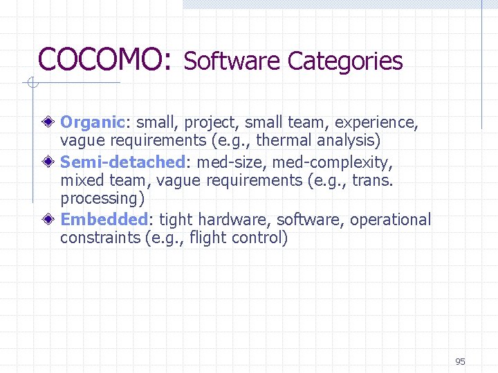 COCOMO: Software Categories Organic: small, project, small team, experience, vague requirements (e. g. , COCOMO: Software Categories Organic: small, project, small team, experience, vague requirements (e. g. ,