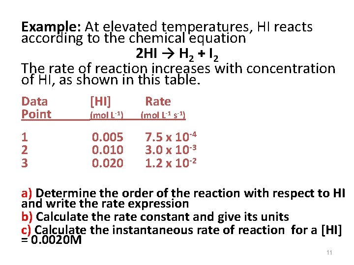 Example: At elevated temperatures, HI reacts according to the chemical equation 2 HI →