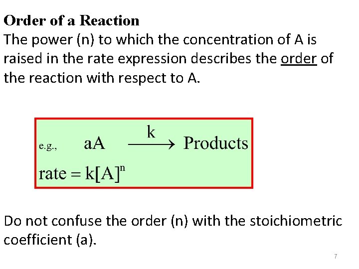 Order of a Reaction The power (n) to which the concentration of A is