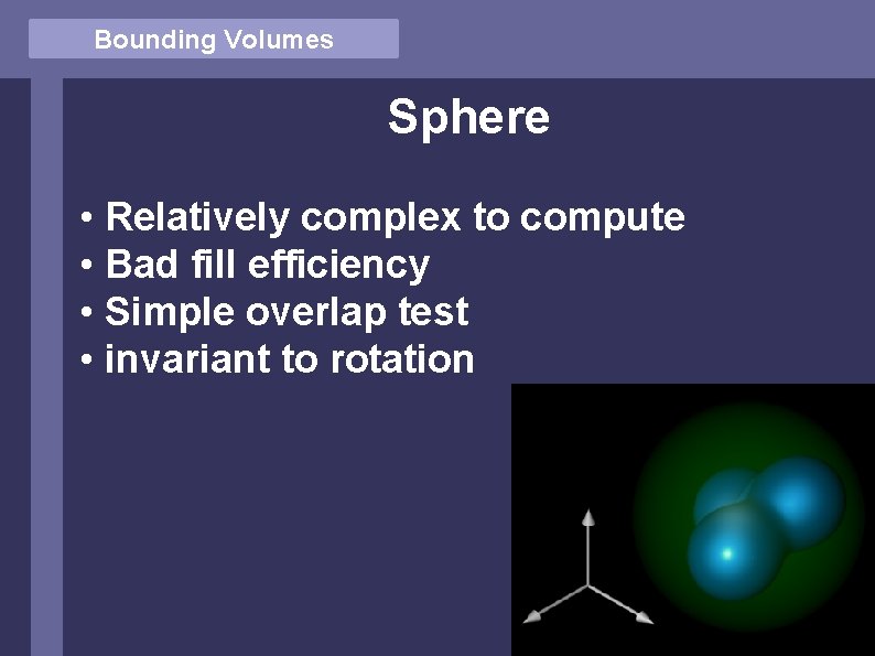 Bounding Volumes Sphere • Relatively complex to compute • Bad fill efficiency • Simple
