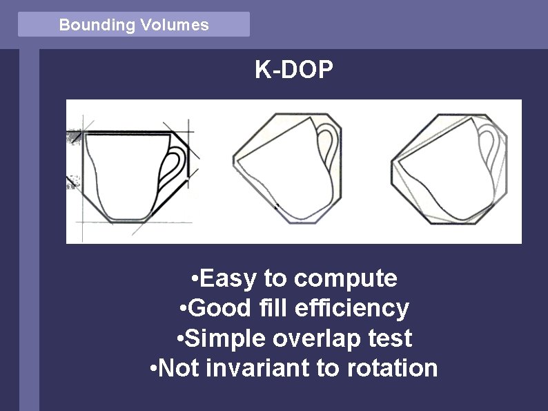 Bounding Volumes K-DOP • Easy to compute • Good fill efficiency • Simple overlap