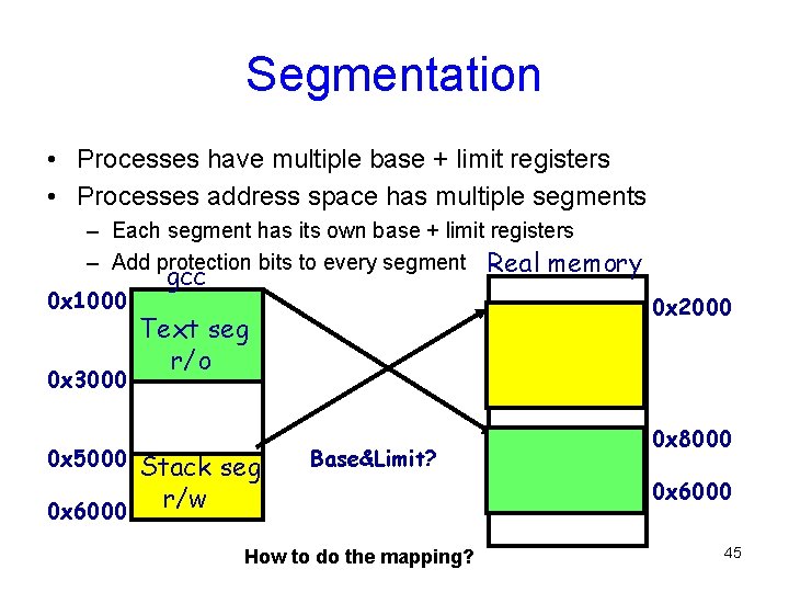 Segmentation • Processes have multiple base + limit registers • Processes address space has