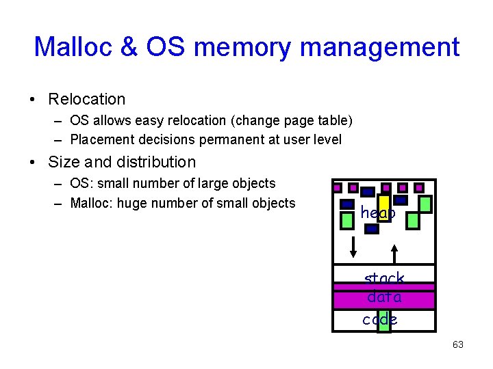 Malloc & OS memory management • Relocation – OS allows easy relocation (change page