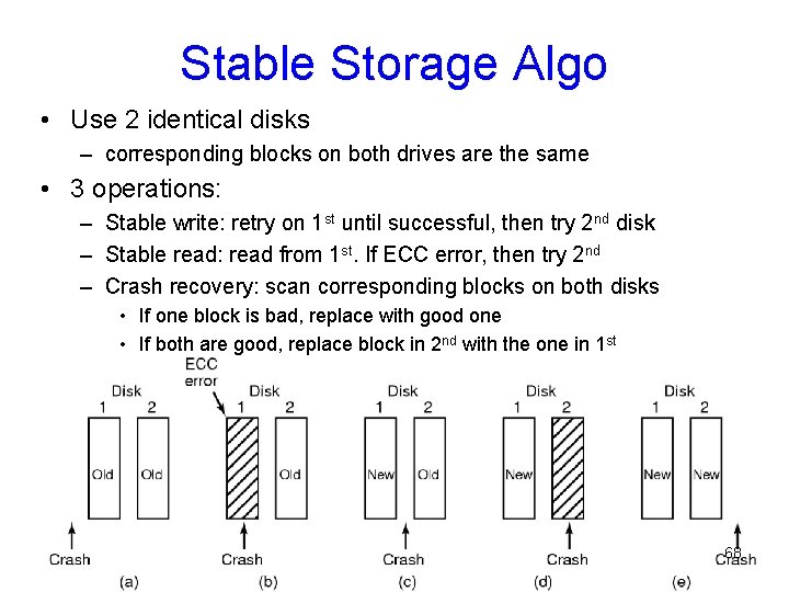 Stable Storage Algo • Use 2 identical disks – corresponding blocks on both drives