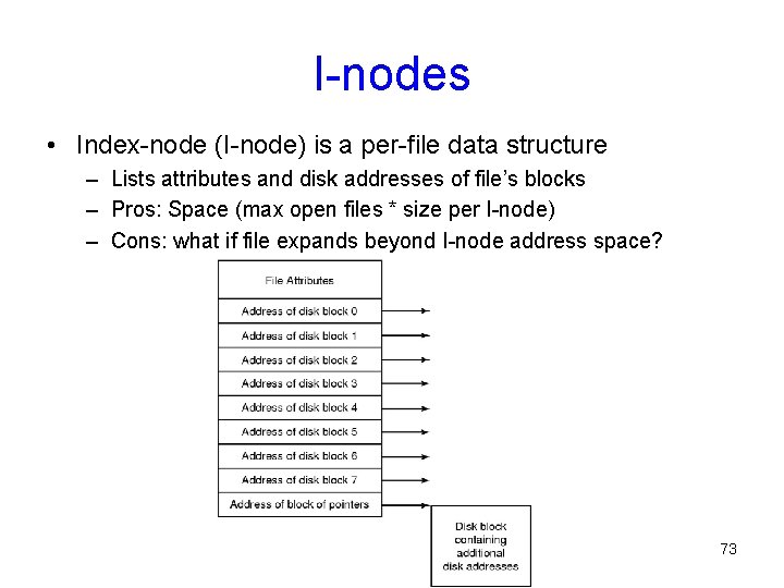 I-nodes • Index-node (I-node) is a per-file data structure – Lists attributes and disk