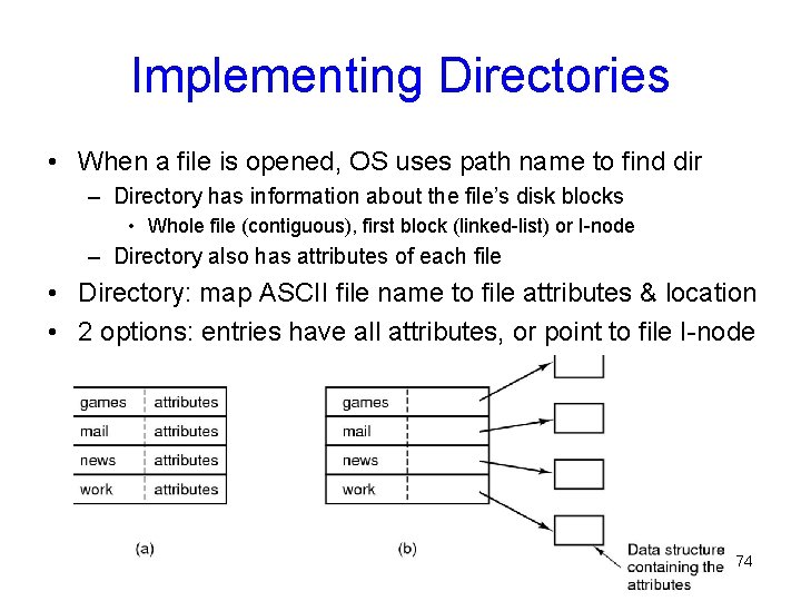 Implementing Directories • When a file is opened, OS uses path name to find