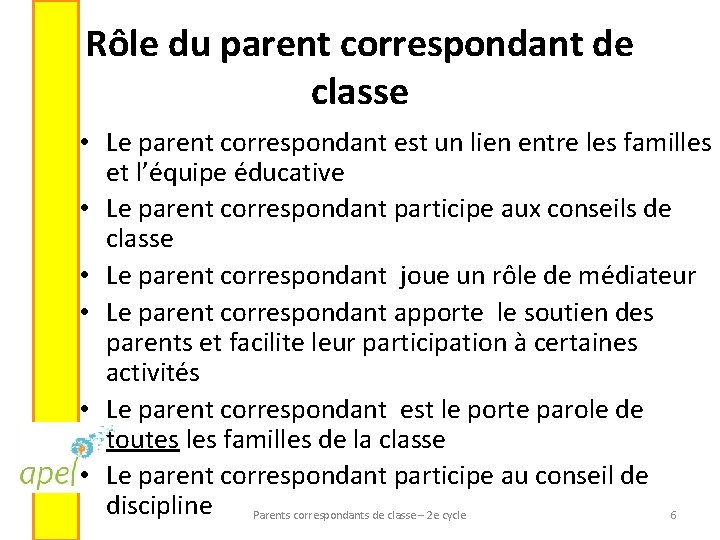 Rôle du parent correspondant de classe • Le parent correspondant est un lien entre