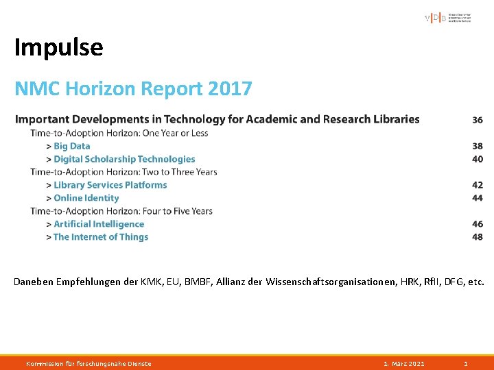 Impulse NMC Horizon Report 2017 Daneben Empfehlungen der KMK, EU, BMBF, Allianz der Wissenschaftsorganisationen,